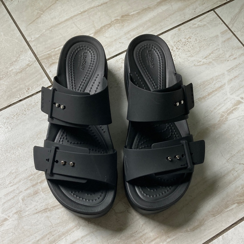 Crocs Black Slide Sandals with Buckle Detail